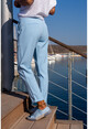 Kadın Mavi Yüksek Bel Cepli Piliseli Duble Paça Pantolon GK-BST3173