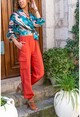 Kadın Mercan Keten Yanları Cepli Paçası Lastikli Safari Pantolon BST3230