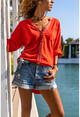 Kadın Mercan Pul İşlemeli Yıkamalı Keten Cepli Salaş Gömlek RSD2080