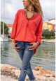 Womens Coral Wash Linen Mesh Detailed Half Pop Blouse RSD3000