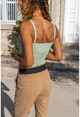 Kadın Mint Kendinden Desenli Askılı Crop Bluz Cm251