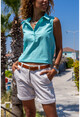Womens Mint Linen Half Pop Sleeveless Shirt Bst7158