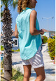 Womens Mint Linen Half Pop Sleeveless Shirt Bst7158