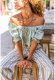Womens Mint Madonna Collar Watermelon Sleeve Ribbed Linen Crop Blouse Bst6592