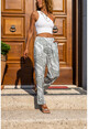 Kadın Mint Saten Beli Lastikli Desenli Pantolon BST3249