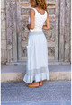 Womens Mint Washed Linen Waist Gipe Elastic Mesh Detailed Flywheel Loose Long Skirt Rsd3028