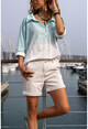 Womens Mint Washed Linen Gradient Half Pat Blouse Gk-Rsd3009