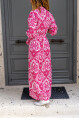 Kadın Pembe Kruvaze Beli Bağlamalı Kolu Lastikli Desenli Viskon Elbise Bst3415