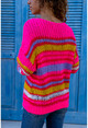 Womens Pink Soft Textured Colored Striped Loose Sweater CCK5119