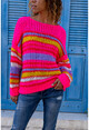 Womens Pink Soft Textured Colored Striped Loose Sweater CCK5119