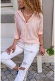 Womens Powder-White Self-Textured Striped Loose Shirt BST6017