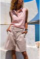 Womens Powder Linen Half Pop Sleeveless Shirt Bst7158