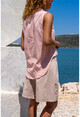 Womens Powder Linen Half Pop Sleeveless Shirt Bst7158