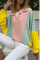 Kadın Pudra-Mint Polo Yaka Yarasa Kol Color Block Salaş Sweatshirt Bst3473