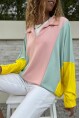 Kadın Pudra-Mint Polo Yaka Yarasa Kol Color Block Salaş Sweatshirt Bst3473
