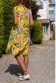 Kadın Sarı Baskılı Yırtmaçlı Sıfır Kol Elbise Bst3390