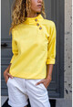 Womens Yellow Neck Button Detailed Linen Blouse Bst3279