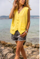 Kadın Sarı Çift Cep Asimetrik Düğmeli Keten Bluz Rsd3069