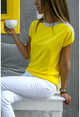 Womens Yellow Color Block Shoulder Garnish T-Shirt Bst3229