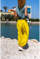Kadın Sarı Gipeli Yıkamalı Püsküllü Paçası Lastikli Şalvar Pantolon Rsd3019