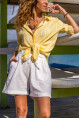 Kadın Sarı Kendinden Dokulu Çizgili Salaş Gömlek Bst6017