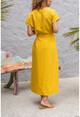 Womens Yellow Linen Long Dress With Front Slit Self Belt Bst3221