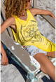 Kadın Sarı Yıkamalı Etnik Baskılı Asimetrik Kesim Kolsuz Salaş T-Shirt Rsd3026