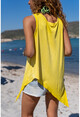 Kadın Sarı Yıkamalı Etnik Baskılı Asimetrik Kesim Kolsuz Salaş T-Shirt Rsd3026