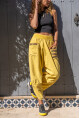 Kadın Sarı Yıkamalı Keten Cebi Nakışlı Beli Lastikli Salaş Şalvar Pantolon Rsd3068
