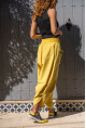 Kadın Sarı Yıkamalı Keten Cebi Nakışlı Beli Lastikli Salaş Şalvar Pantolon Rsd3068