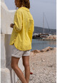 Womens Yellow Washed Linen Side Button Double Pocket Loose Shirt Gk-Rsd3013