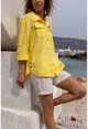Womens Yellow Washed Linen Side Button Double Pocket Loose Shirt Gk-Rsd3013