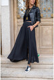 Womens Black Lined Crepe Oversized Skirt With Front Slit Elastic Waist Pocket BST3223