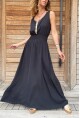 Kadın Siyah Beli Gipeli Askılı Hasır Detaylı Uzun Airobin Elbise Bst3251