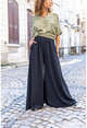 Womens Black Waist Elastic Pocket Wide Leg Crepe Pants BST3222