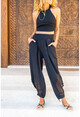 Womens Black Waist Elastic Waist Buttoned Mesh Linen Shalwar Trousers Rsd3038