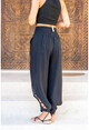 Womens Black Waist Elastic Waist Buttoned Mesh Linen Shalwar Trousers Rsd3038