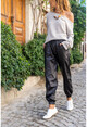 Kadın Siyah Beli Paçası Lastikli Cepli Salaş Deri Pantolon GK-RSD2084