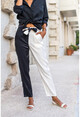 Kadın Siyah-Beyaz Color Block Kemerli Parlak Pantolon BST3133