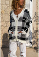 Womens Black and White Patterned Buttoned Loose Cardigan with Pocket GK-CCKKZ3030