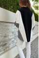 Kadın Siyah-Beyaz Polo Yaka Yarasa Kol Color Block Salaş Sweatshirt Bst3473