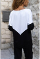 Kadın Siyah-Beyaz V Yaka Color Block Yumuşak Dokulu Salaş Bluz BST3167