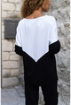 Womens Black and White V-Neck Color Block Soft Textured Loose Blouse BST3167