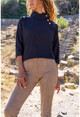 Kadın Siyah Boynu Düğme Detaylı Keten Bluz Bst3279