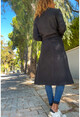 Kadın Siyah Ceket Yaka Kemerli Cepli Kaşe Kaban Bst3310