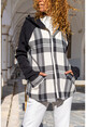 Kadın Siyah Cepli Kapüşonlu Raglan Kol Ekose Ceket Hırka GK-BST3194