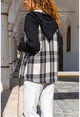 Kadın Siyah Cepli Kapüşonlu Raglan Kol Ekose Ceket Hırka GK-BST3194
