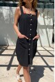 Kadın Siyah Çift Cep Düğmeli Askılı Yırtmaçlı Elbise 1St14