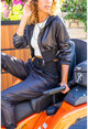 Kadın Siyah Deri Crop Kapüşonlu Eteği Lastikli Fermuarlı Ceket Rsd3039