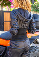 Kadın Siyah Deri Crop Kapüşonlu Eteği Lastikli Fermuarlı Ceket Rsd3039